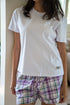 Women Summer Pajama set White T-shirt + Green X Purple Tartan Plaid Shorts